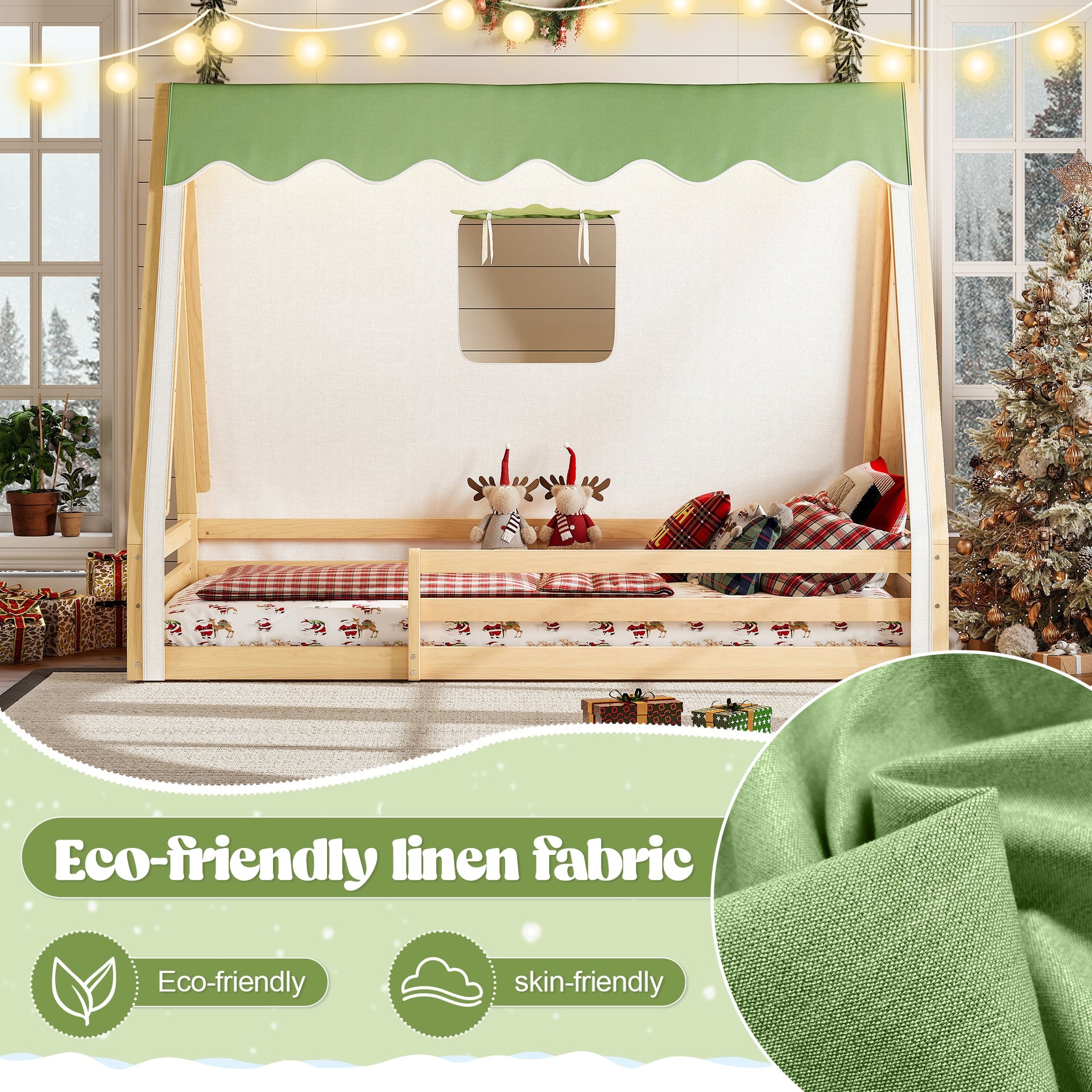 Twin Size House Floor Bed with Tent and Light, Solid Wood Teepee Floor Bed with Full-length Guardrails, Montessori and Childlike Design, Natural+Green