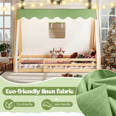 Twin Size House Floor Bed with Tent and Light, Solid Wood Teepee Floor Bed with Full-length Guardrails, Montessori and Childlike Design, Natural+Green
