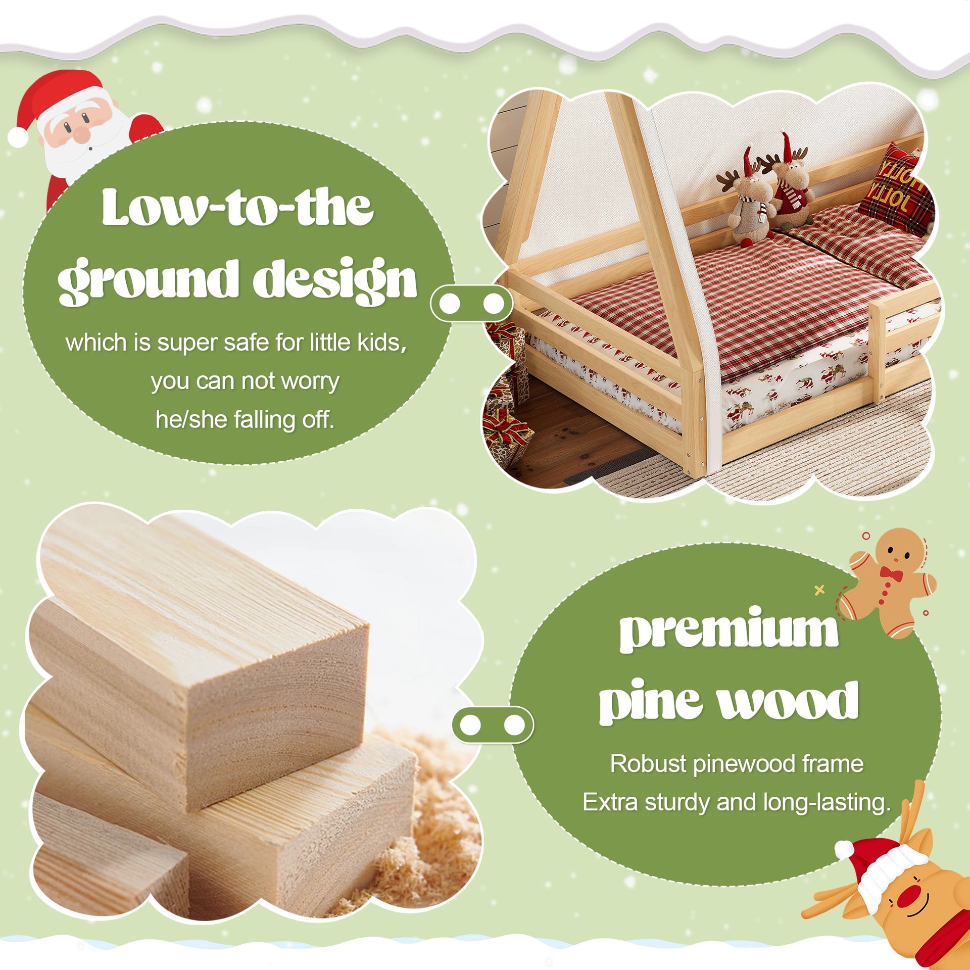 Twin Size House Floor Bed with Tent and Light, Solid Wood Teepee Floor Bed with Full-length Guardrails, Montessori and Childlike Design, Natural+Green