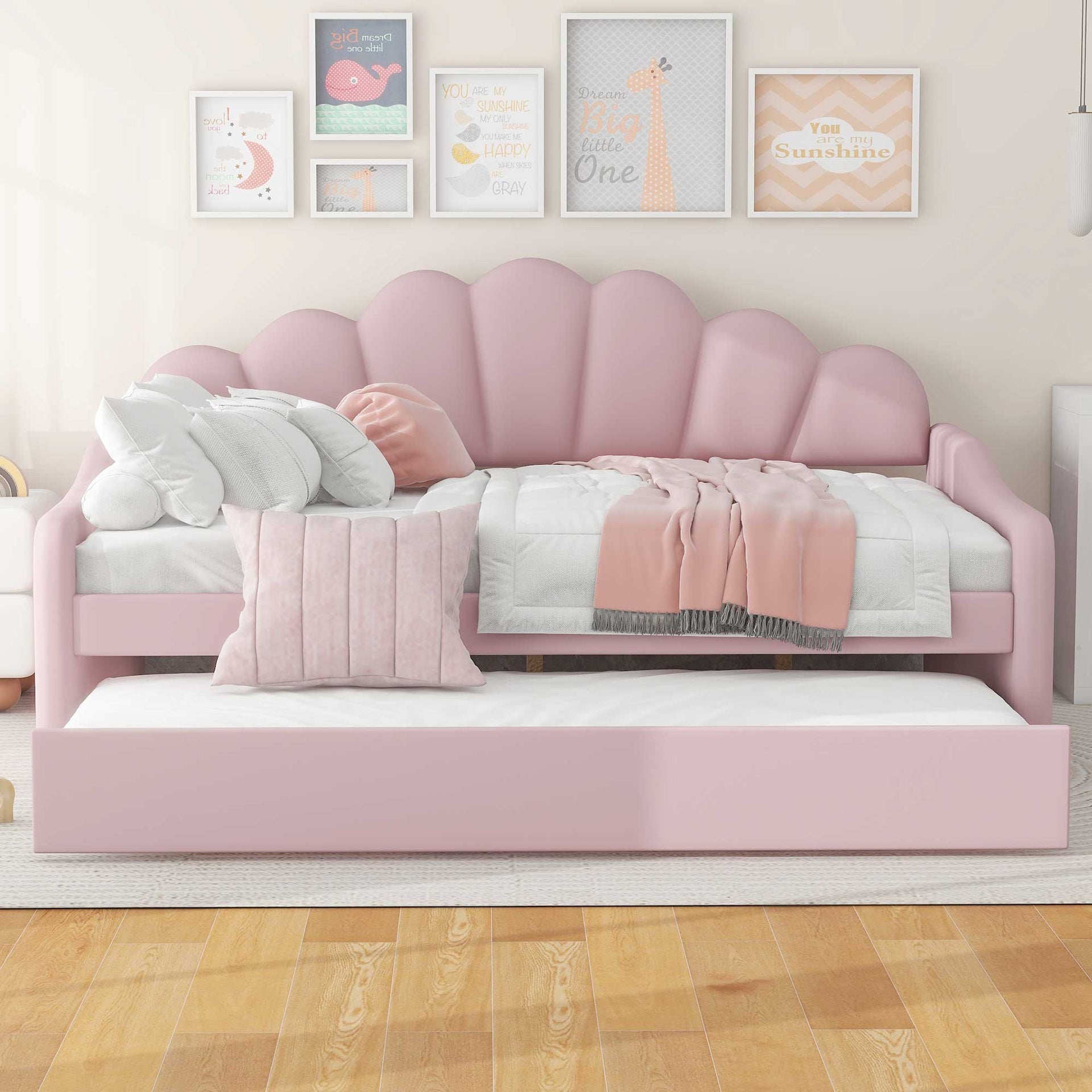 Full Size Upholstery Daybed Frame with Shall Shaped Backrest  and Trundle,Pink
