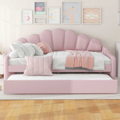 Full Size Upholstery Daybed Frame with Shall Shaped Backrest  and Trundle,Pink