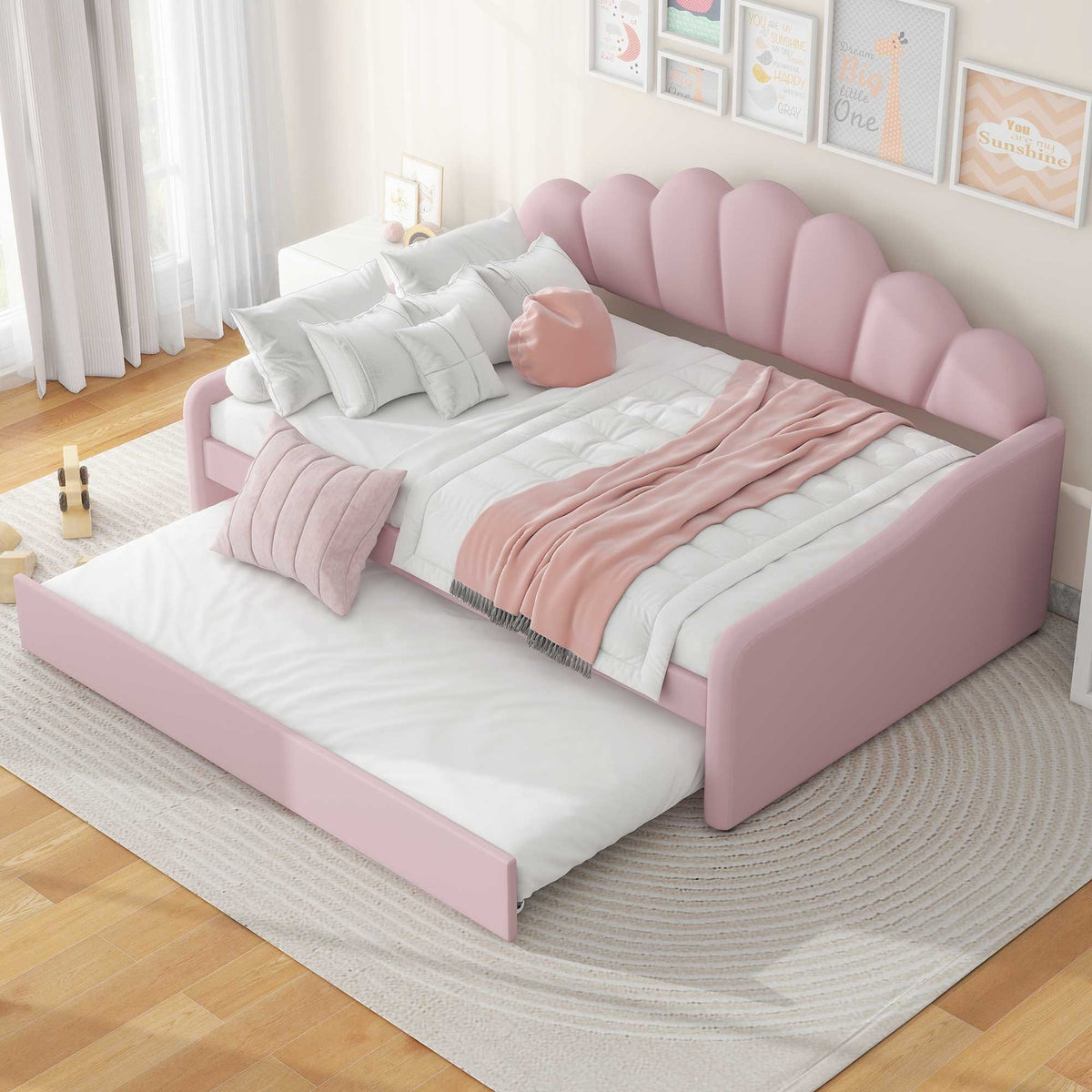 Full Size Upholstery Daybed Frame with Shall Shaped Backrest  and Trundle,Pink