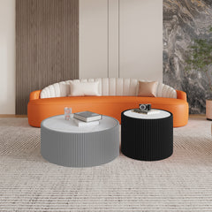 Light Sintered stone Top Cylinder Shape Leather Coffee modern Sofa Table for Living Room furniture (Each tabletop has a unique gold pattern)