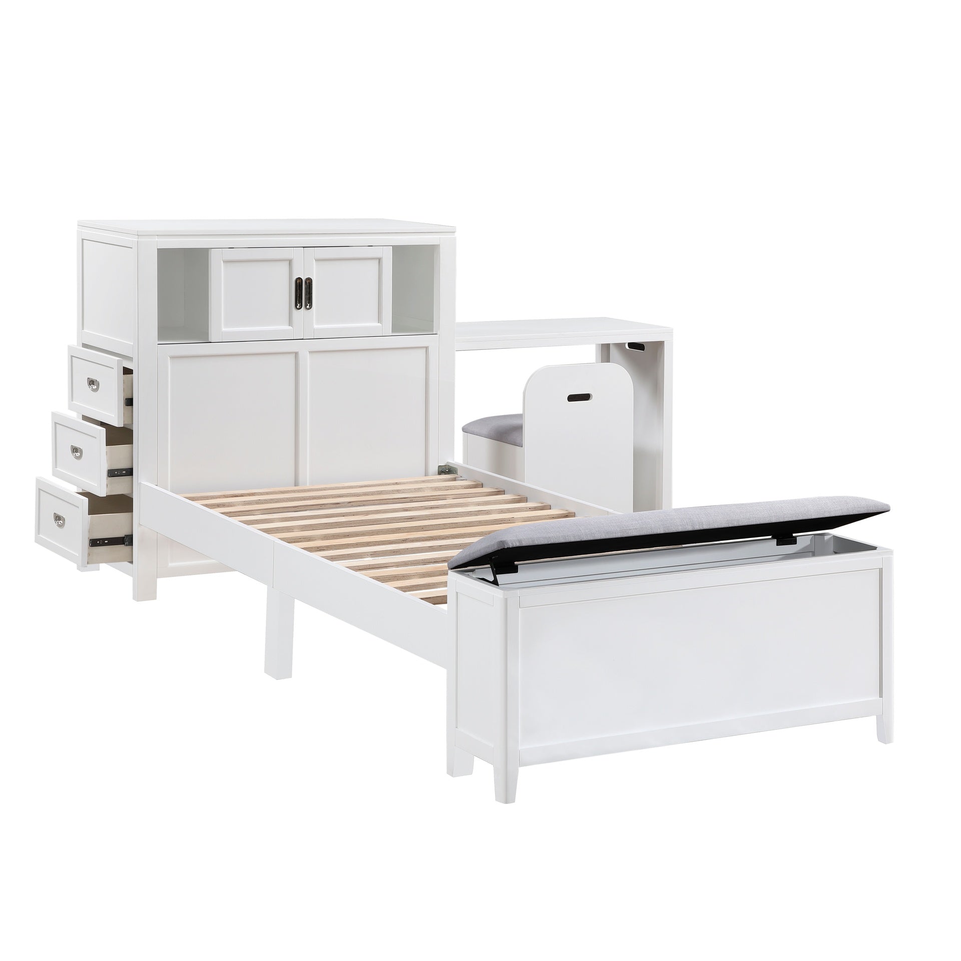 White Finish Twin Platform Bed with Bookcase Headboard Drawers Hidden Desk Stool Footboard Storage Bench Bedroom Furniture 1pc