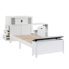 White Finish Twin Platform Bed with Bookcase Headboard Drawers Hidden Desk Stool Footboard Storage Bench Bedroom Furniture 1pc