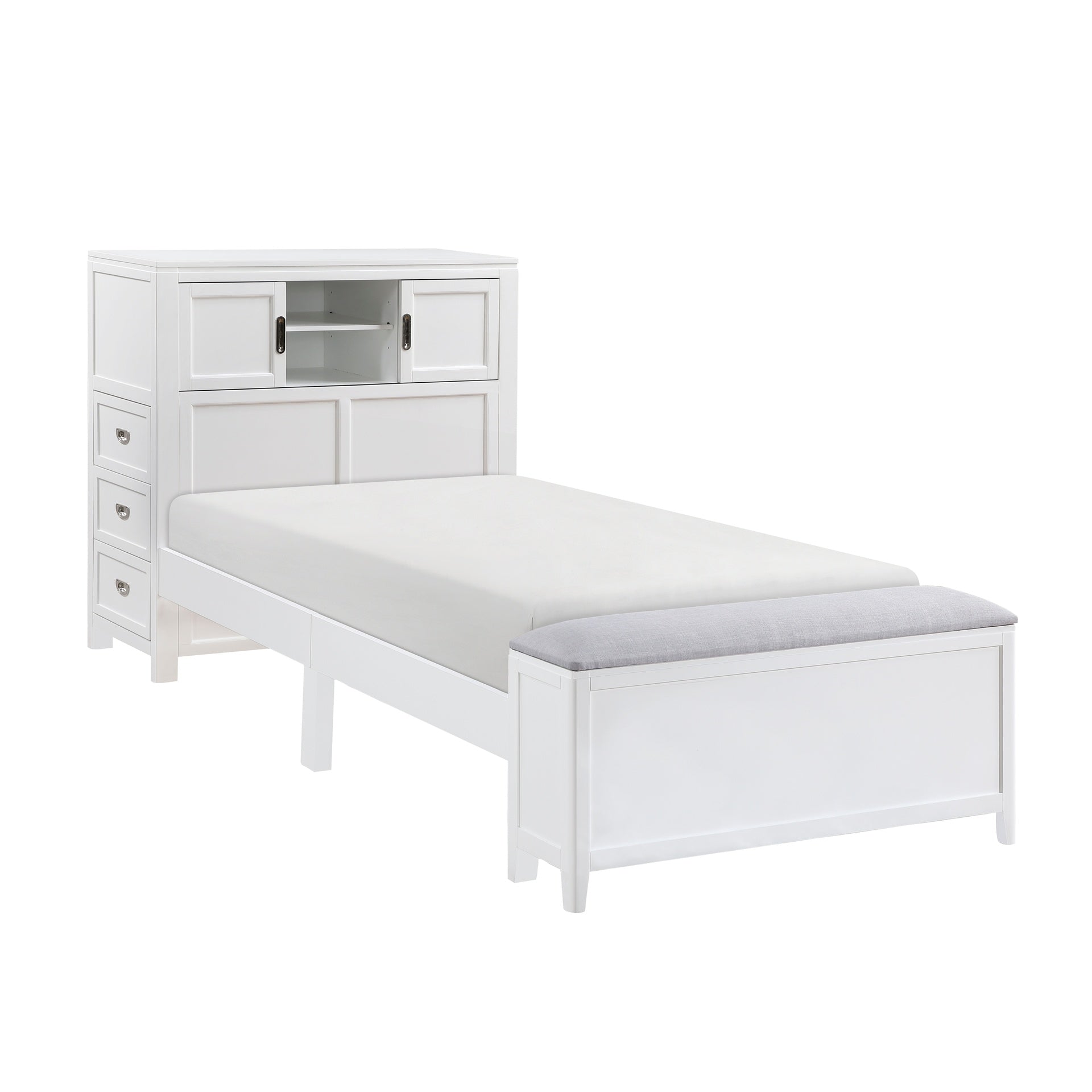 White Finish Twin Platform Bed with Bookcase Headboard Drawers Hidden Desk Stool Footboard Storage Bench Bedroom Furniture 1pc