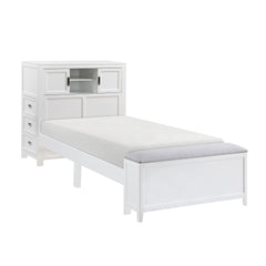 White Finish Twin Platform Bed with Bookcase Headboard Drawers Hidden Desk Stool Footboard Storage Bench Bedroom Furniture 1pc