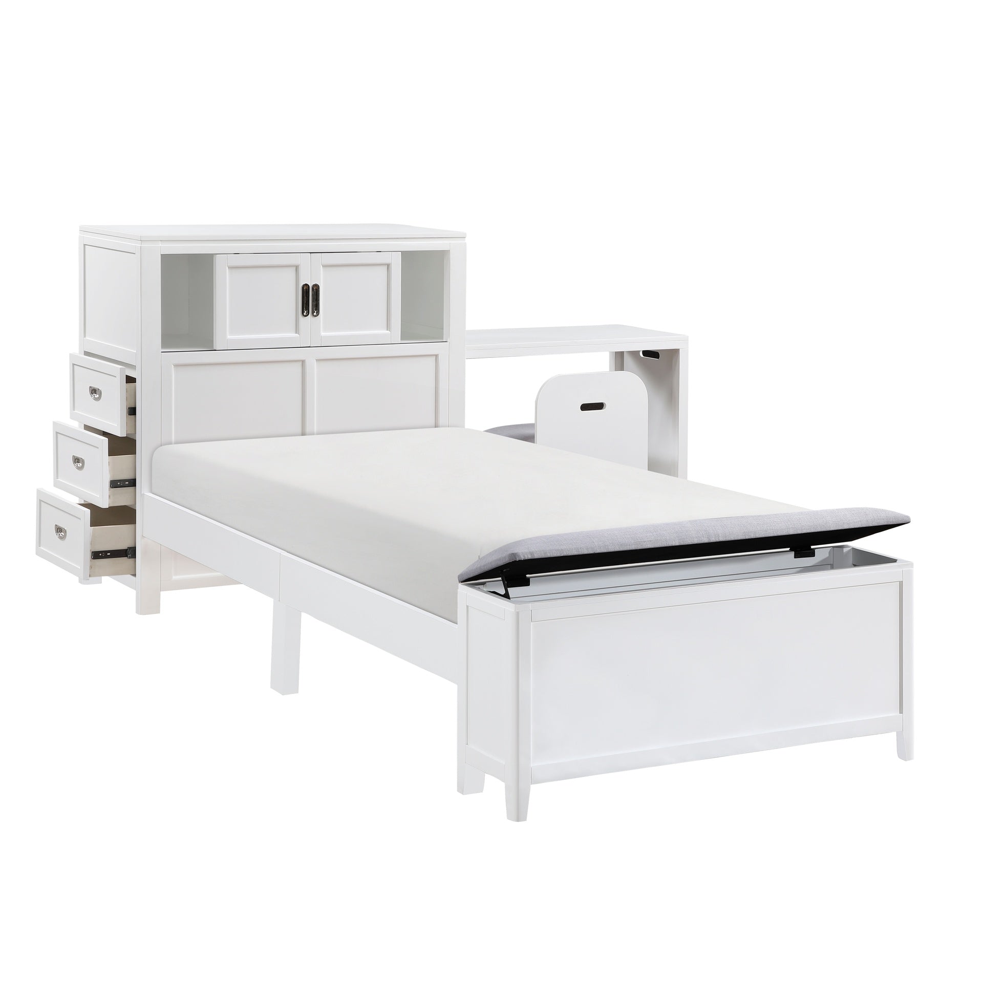 White Finish Twin Platform Bed with Bookcase Headboard Drawers Hidden Desk Stool Footboard Storage Bench Bedroom Furniture 1pc