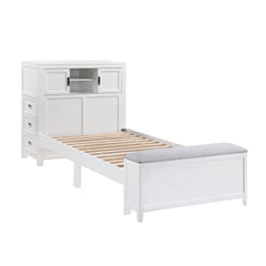 White Finish Twin Platform Bed with Bookcase Headboard Drawers Hidden Desk Stool Footboard Storage Bench Bedroom Furniture 1pc