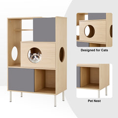 2 IN 1 Modern Cat Tree & Side Cabinet with Storage, Small Wood Bookcase with Litter Box Enclosure, Cat Climbing Cabinet with Hidden Storage