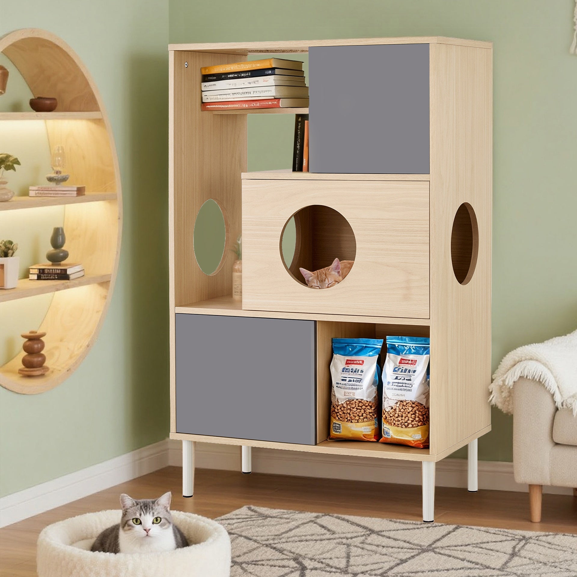 2 IN 1 Modern Cat Tree & Side Cabinet with Storage, Small Wood Bookcase with Litter Box Enclosure, Cat Climbing Cabinet with Hidden Storage