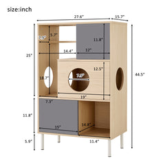2 IN 1 Modern Cat Tree & Side Cabinet with Storage, Small Wood Bookcase with Litter Box Enclosure, Cat Climbing Cabinet with Hidden Storage
