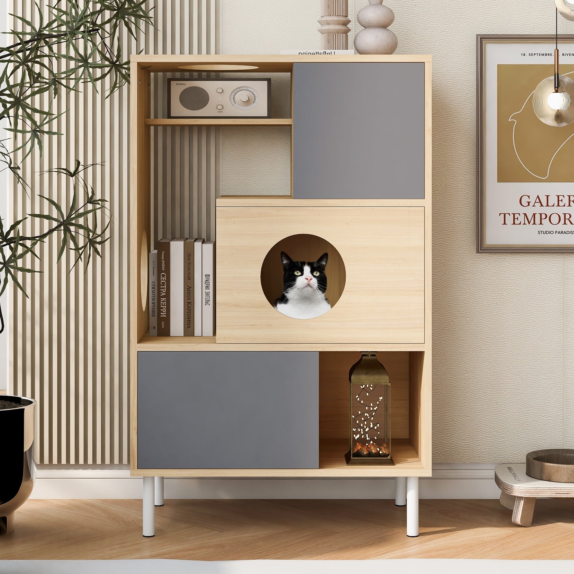 2 IN 1 Modern Cat Tree & Side Cabinet with Storage, Small Wood Bookcase with Litter Box Enclosure, Cat Climbing Cabinet with Hidden Storage