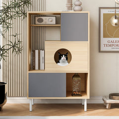 2 IN 1 Modern Cat Tree & Side Cabinet with Storage, Small Wood Bookcase with Litter Box Enclosure, Cat Climbing Cabinet with Hidden Storage