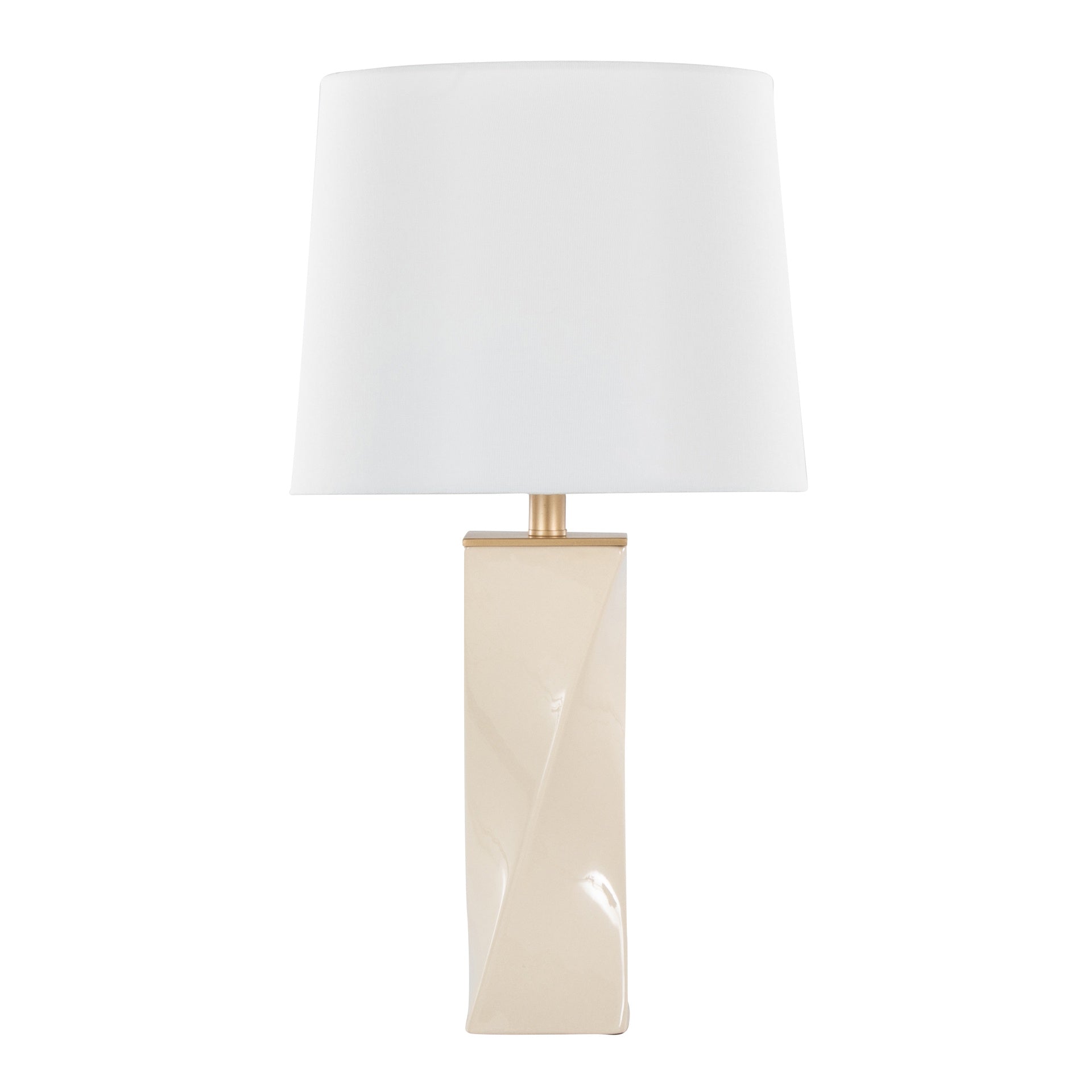 Curvo Square Contemporary 27" Ceramic Table Lamp in Cream Ceramic, Gold Metal, and White Linen by LumiSource
