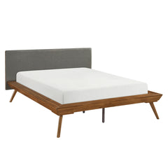 1pc Queen Platform Bed Upholstered Headboard Dark Gray Chestnut Finish Wooden Furniture