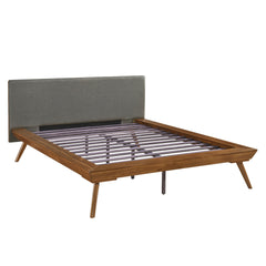 1pc Queen Platform Bed Upholstered Headboard Dark Gray Chestnut Finish Wooden Furniture