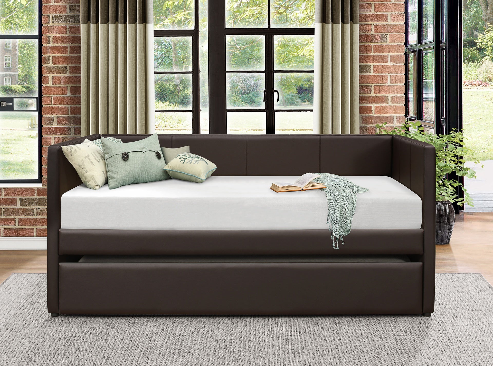 Brown Faux Leather Upholstered Contemporary Daybed with Trundle Wooden Furniture 1pc