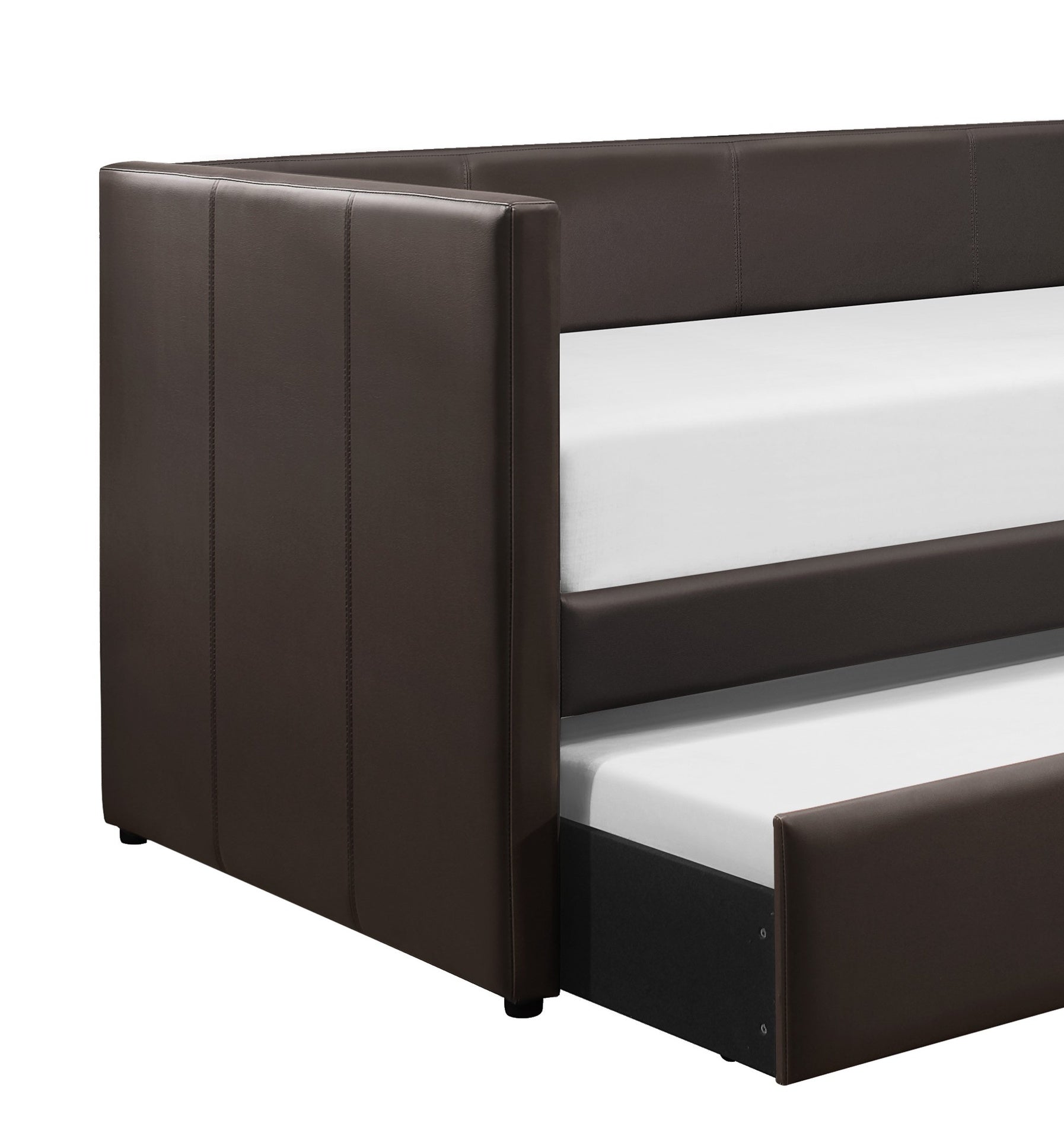 Brown Faux Leather Upholstered Contemporary Daybed with Trundle Wooden Furniture 1pc