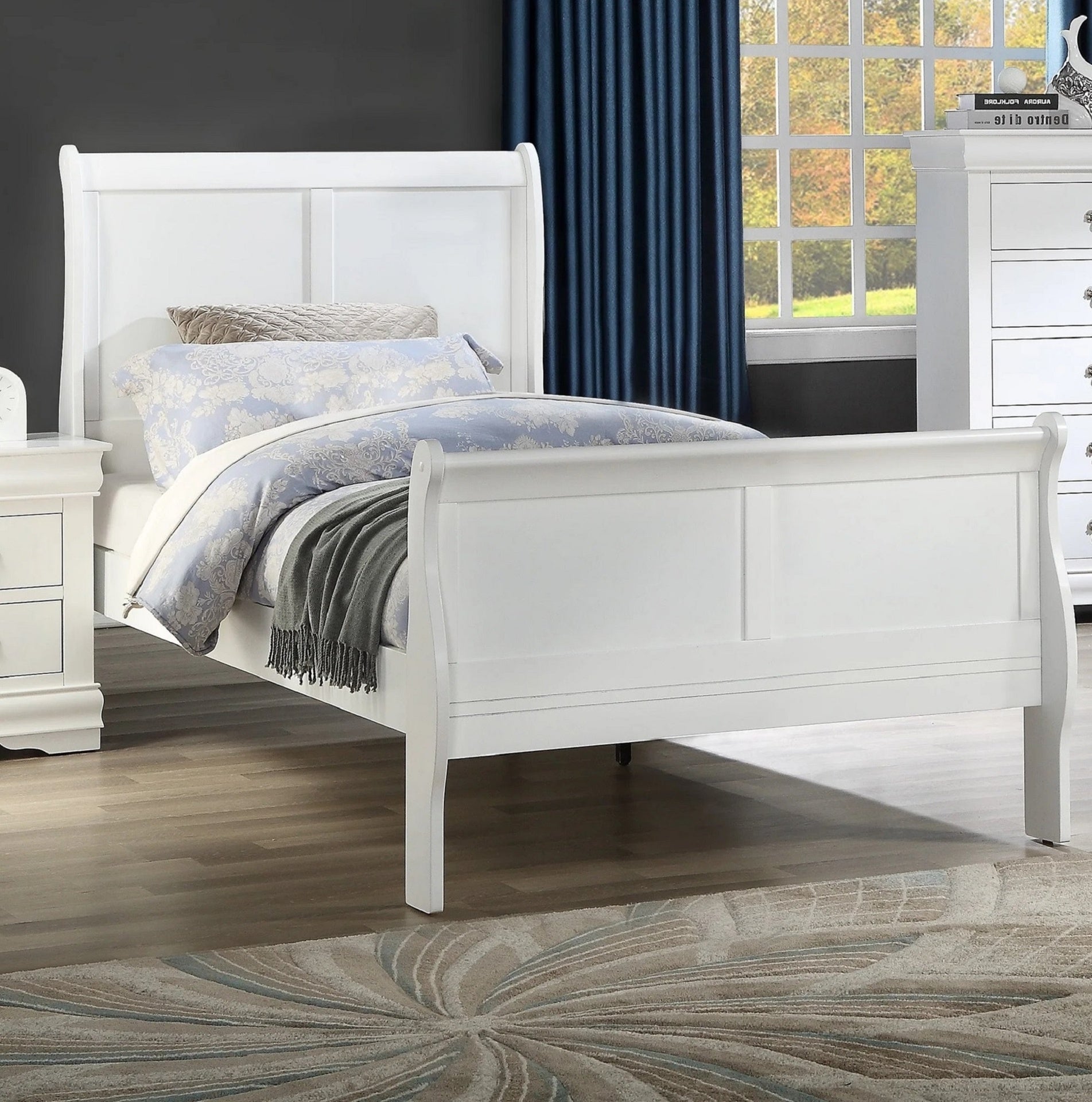 Louis Phillipe White Finish Twin Size Panel Sleigh YoutBed Solid Wood Wooden Bedroom Furniture
