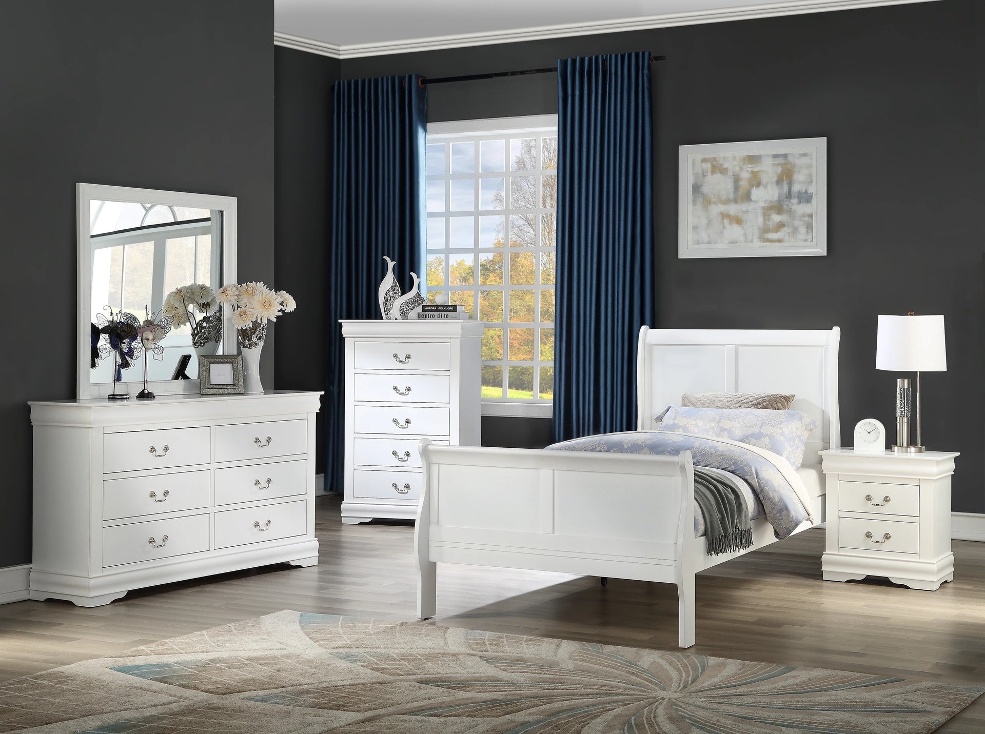 Louis Phillipe White Finish Twin Size Panel Sleigh YoutBed Solid Wood Wooden Bedroom Furniture