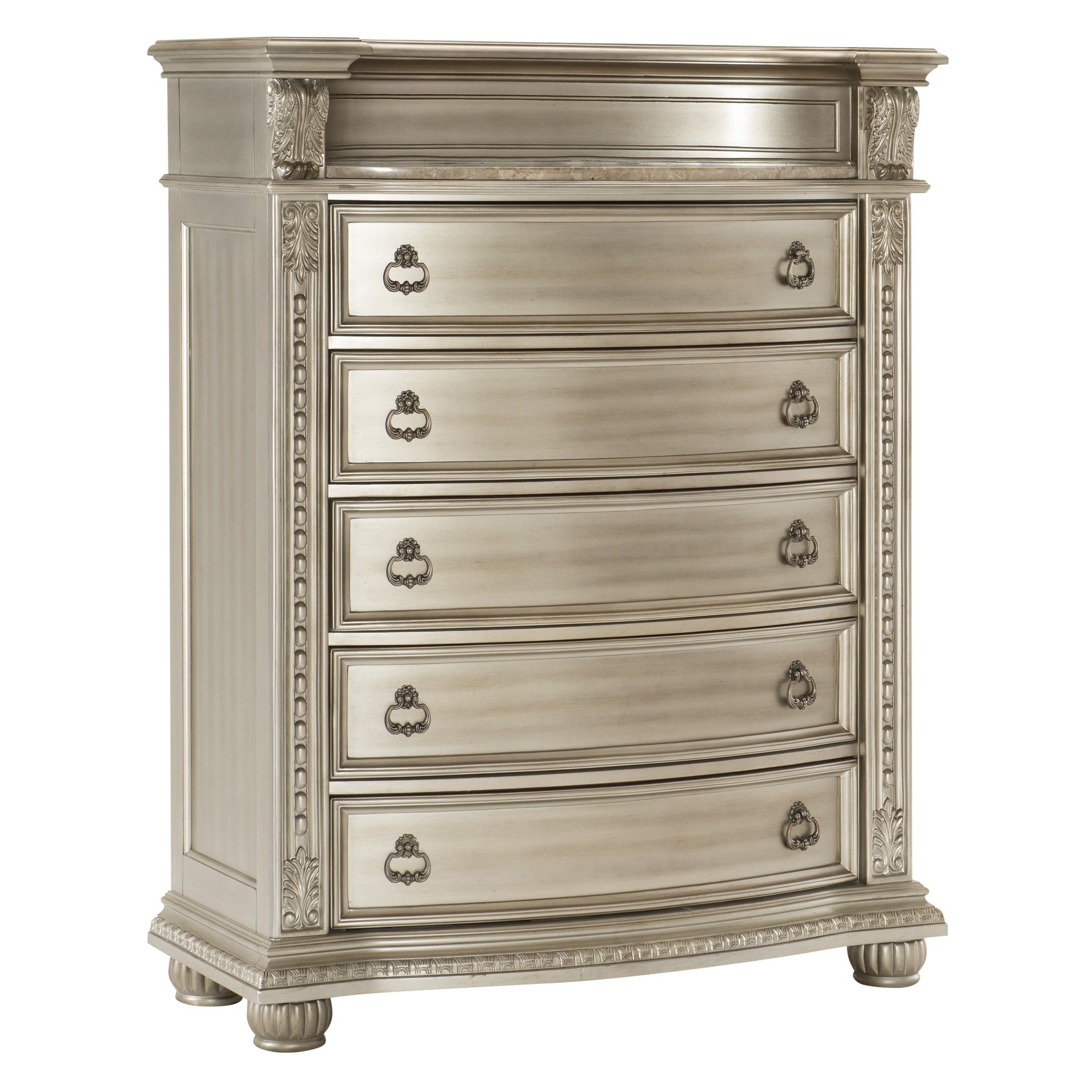 Silver Finish European Design 1pc Luxury Storage Chest with 5 Drawers Genuine Marble Insert Traditional Bedroom Furniture