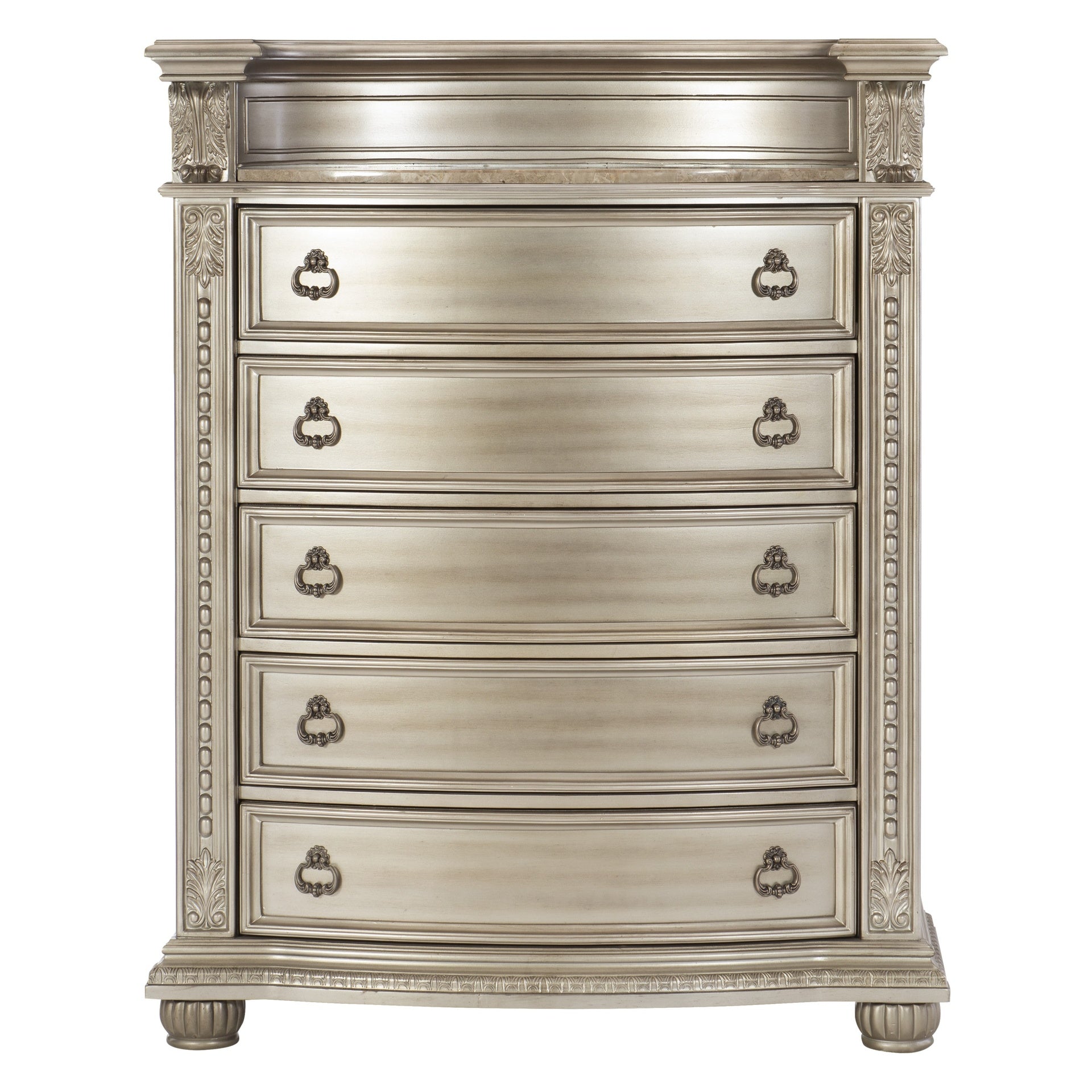 Silver Finish European Design 1pc Luxury Storage Chest with 5 Drawers Genuine Marble Insert Traditional Bedroom Furniture