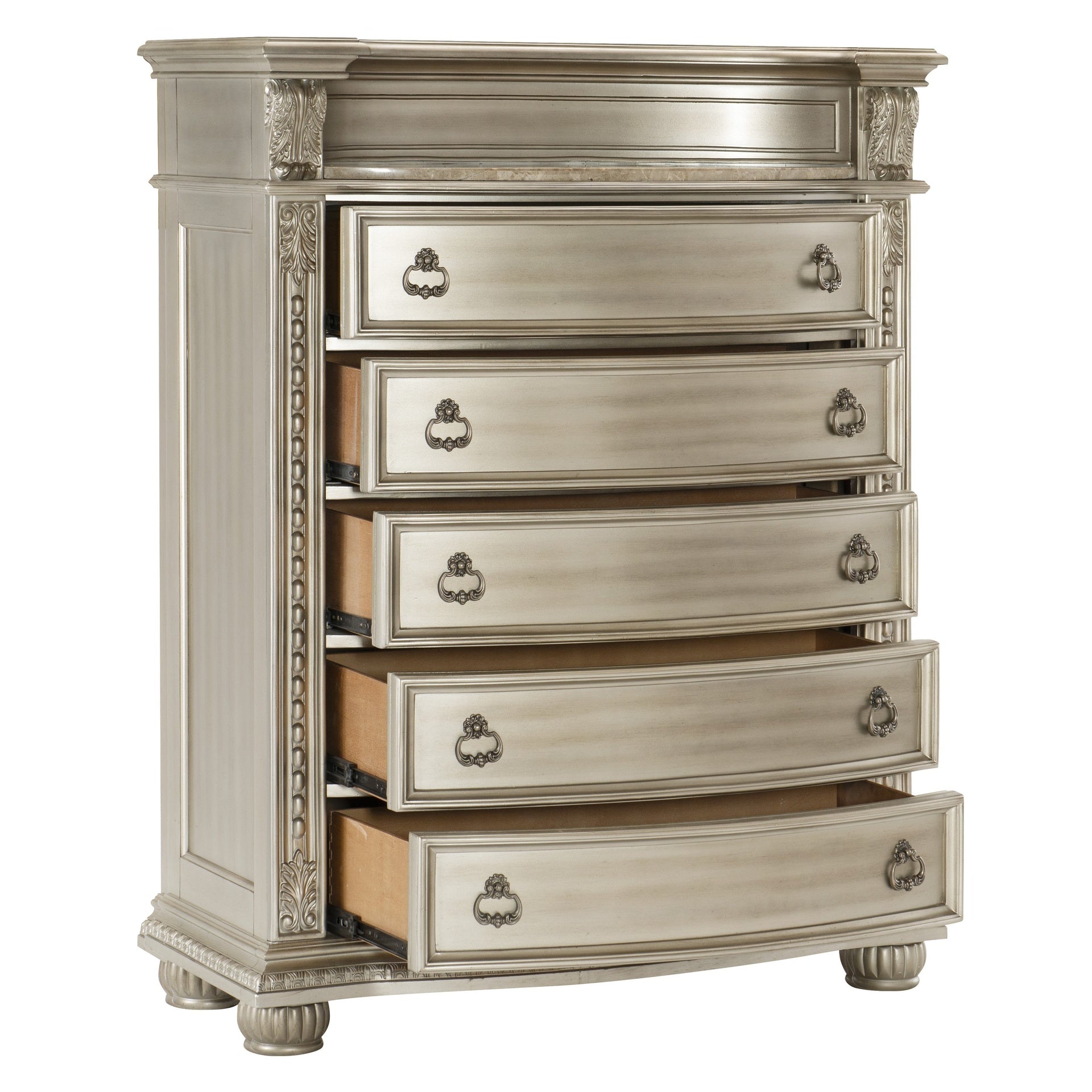 Silver Finish European Design 1pc Luxury Storage Chest with 5 Drawers Genuine Marble Insert Traditional Bedroom Furniture