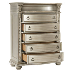Silver Finish European Design 1pc Luxury Storage Chest with 5 Drawers Genuine Marble Insert Traditional Bedroom Furniture