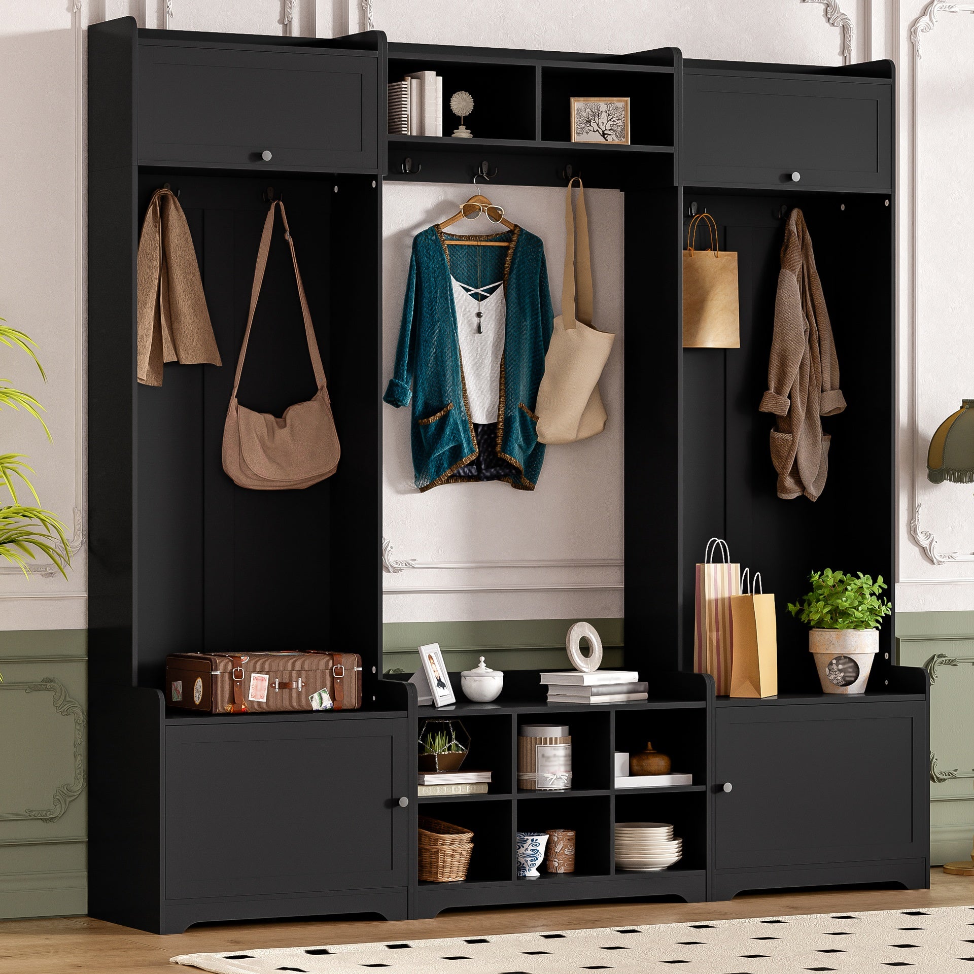 VIBE HAUS 79.1''Wide Modern Hall Tree with Shoe Storage, 4-in-1 Entryway Bench with 8 Cubbies, 7 Coat Hooks & Adjustable Shelf for Hallway, living room, Black