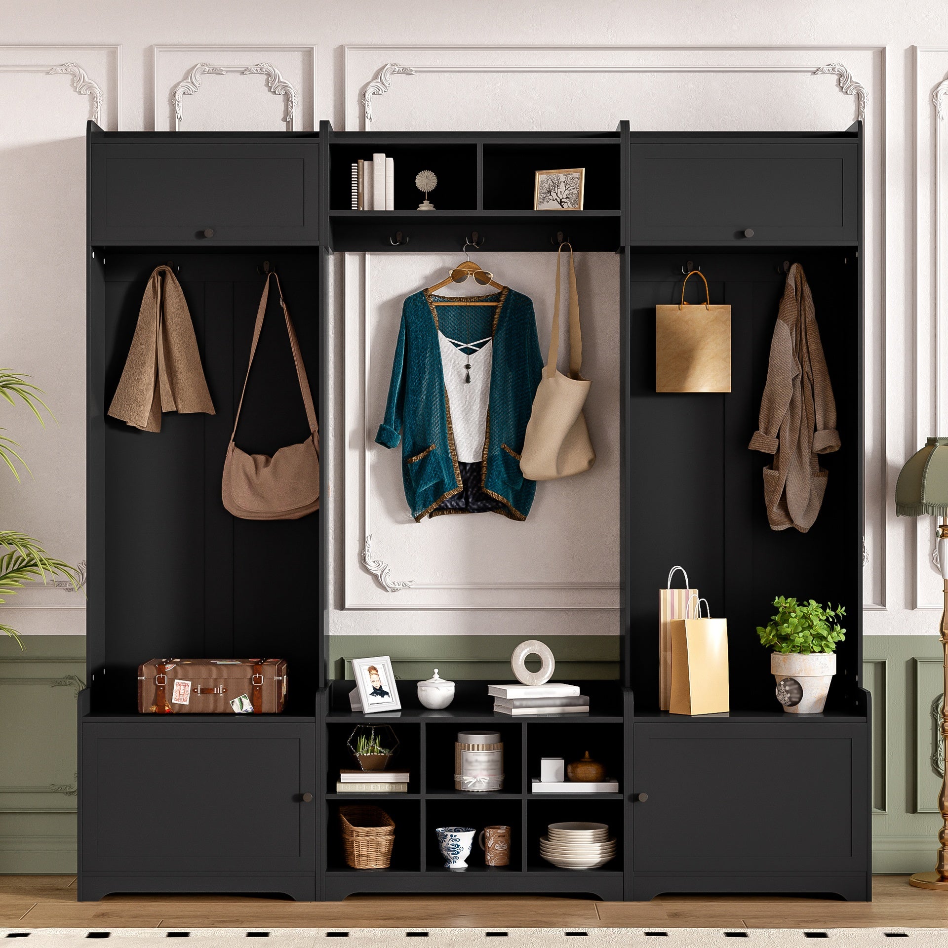 VIBE HAUS 79.1''Wide Modern Hall Tree with Shoe Storage, 4-in-1 Entryway Bench with 8 Cubbies, 7 Coat Hooks & Adjustable Shelf for Hallway, living room, Black