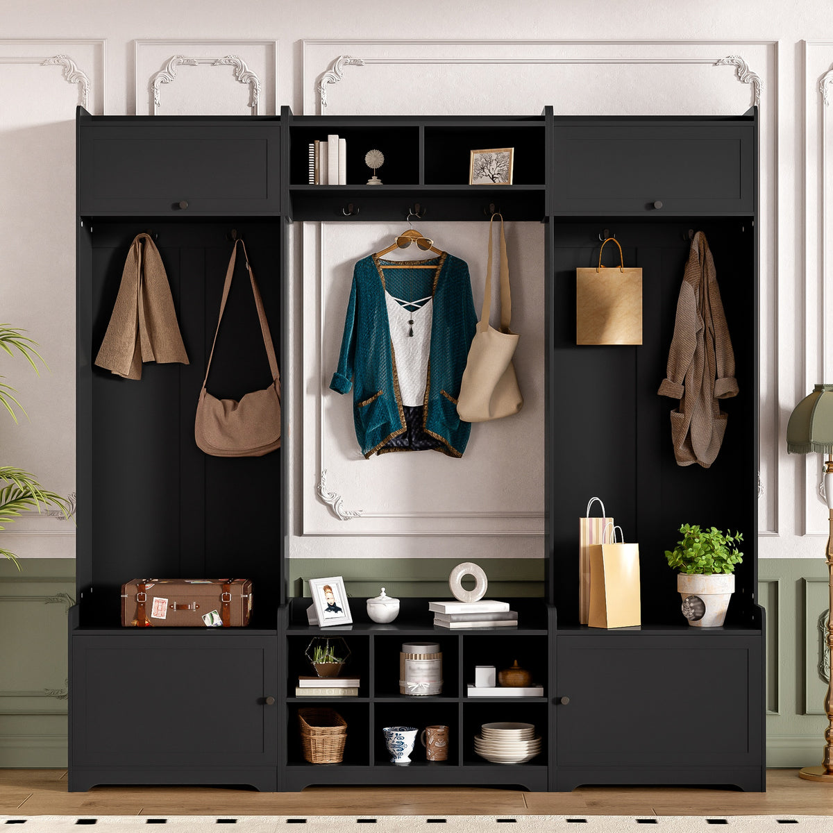 VIBE HAUS 79.1''Wide Modern Hall Tree with Shoe Storage, 4-in-1 Entryway Bench with 8 Cubbies, 7 Coat Hooks & Adjustable Shelf for Hallway, living room, Black