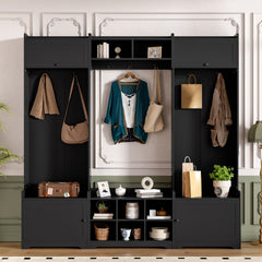 VIBE HAUS 79.1''Wide Modern Hall Tree with Shoe Storage, 4-in-1 Entryway Bench with 8 Cubbies, 7 Coat Hooks & Adjustable Shelf for Hallway, living room, Black