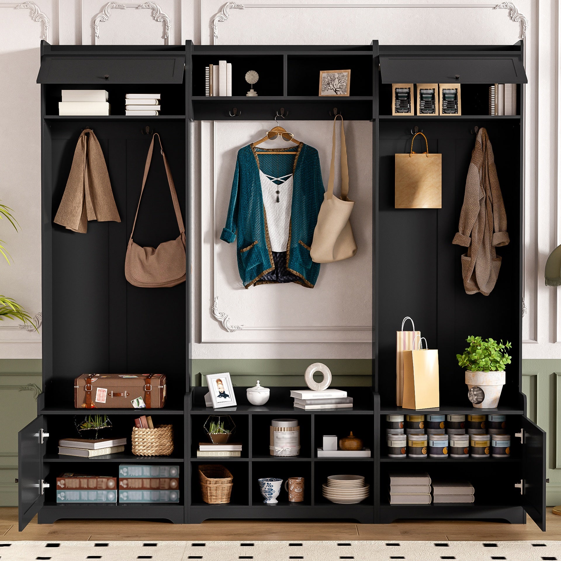 VIBE HAUS 79.1''Wide Modern Hall Tree with Shoe Storage, 4-in-1 Entryway Bench with 8 Cubbies, 7 Coat Hooks & Adjustable Shelf for Hallway, living room, Black