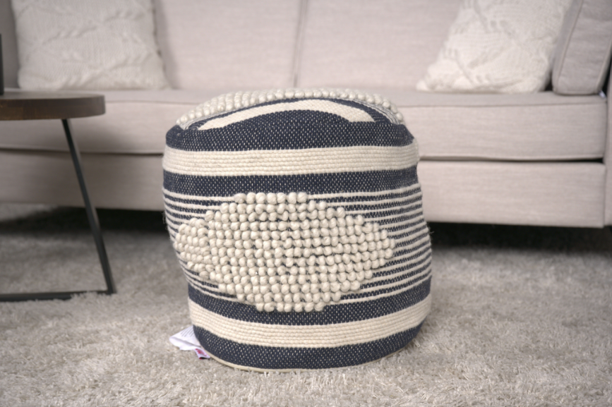Diamond Handcrafted Fabric Cylindrical Pouf, Beige and Dark Grey