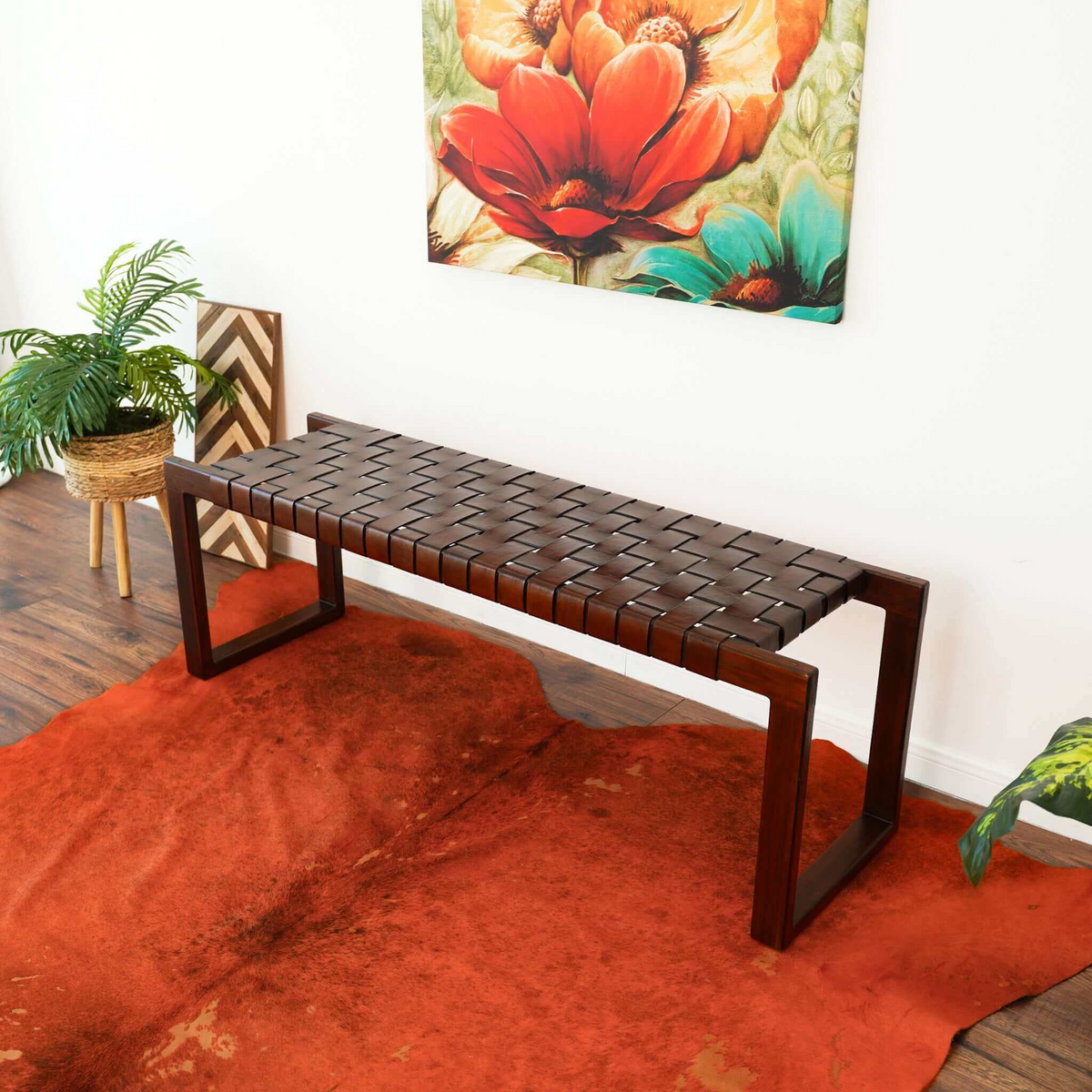 Christina Mid-Century Modern Tan Leather Bench with Solid Wood Frame and Tapered Legs 18.5"H x 55"W x 15.7"D for Living Room Bedroom Waiting Room