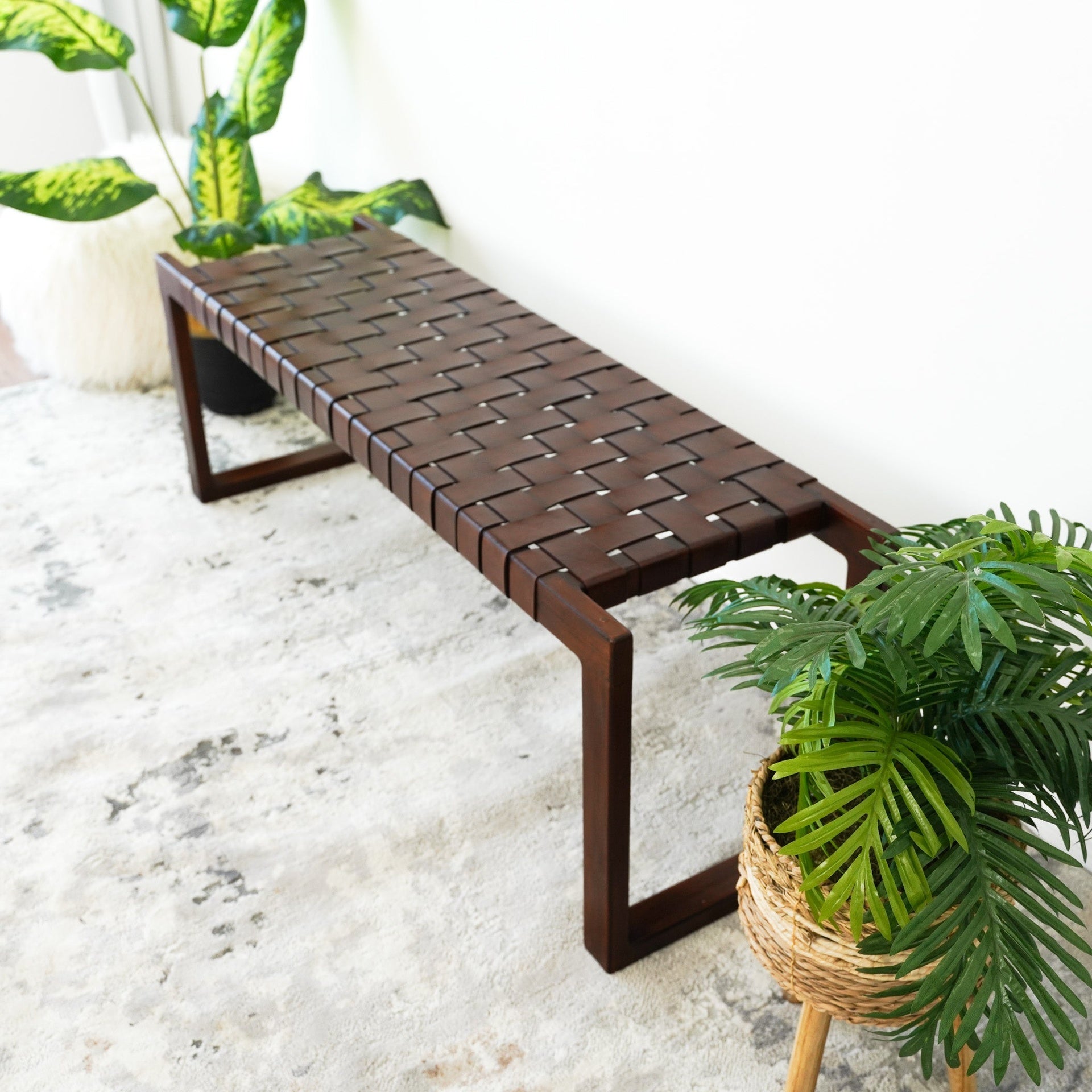 Christina Mid-Century Modern Tan Leather Bench with Solid Wood Frame and Tapered Legs 18.5"H x 55"W x 15.7"D for Living Room Bedroom Waiting Room