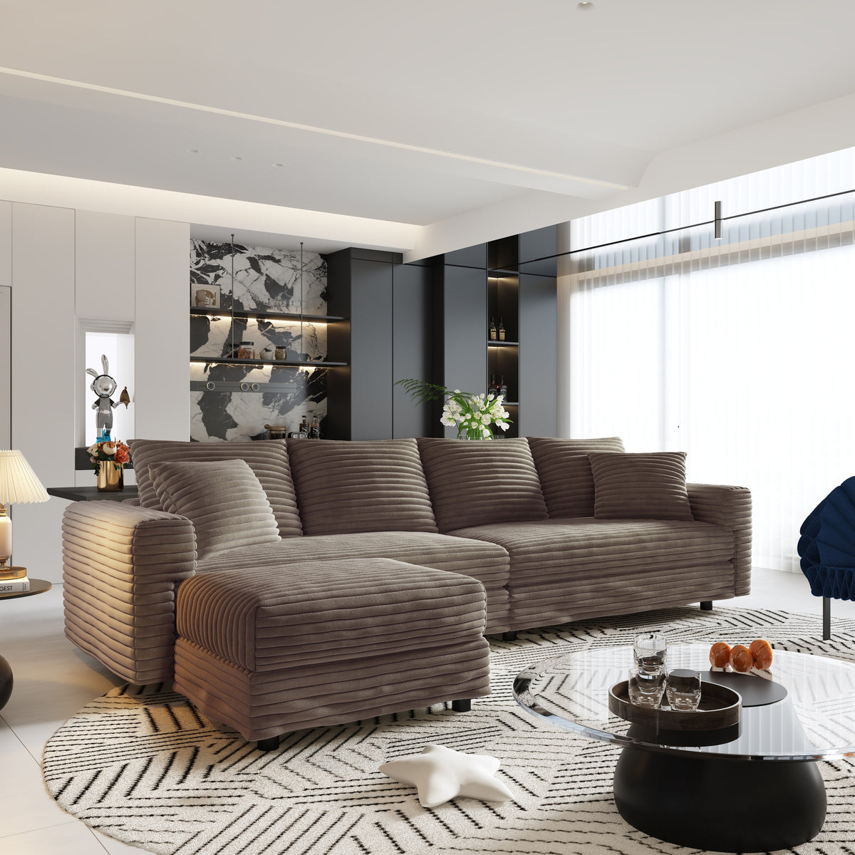 102.4 "Plush Corduroy 4-Seat Sofa,Modern Comfy Upholstered Sofa Cloud Couch,Deep Seat Couches with Soft Pillows and Movable Ottoman,Convertible Sofa Lounge Chair,Camel