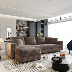 102.4 "Plush Corduroy 4-Seat Sofa,Modern Comfy Upholstered Sofa Cloud Couch,Deep Seat Couches with Soft Pillows and Movable Ottoman,Convertible Sofa Lounge Chair,Camel