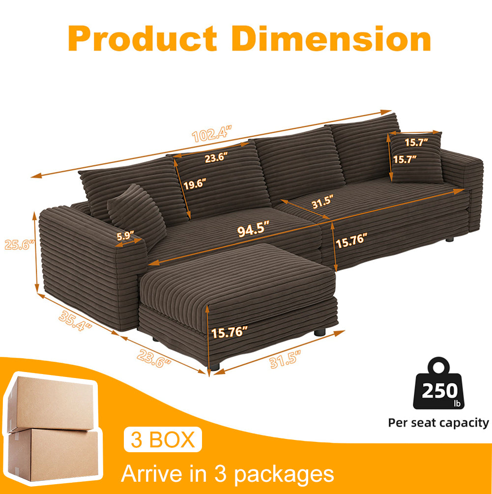 102.4 "Plush Corduroy 4-Seat Sofa,Modern Comfy Upholstered Sofa Cloud Couch,Deep Seat Couches with Soft Pillows and Movable Ottoman,Convertible Sofa Lounge Chair,Camel