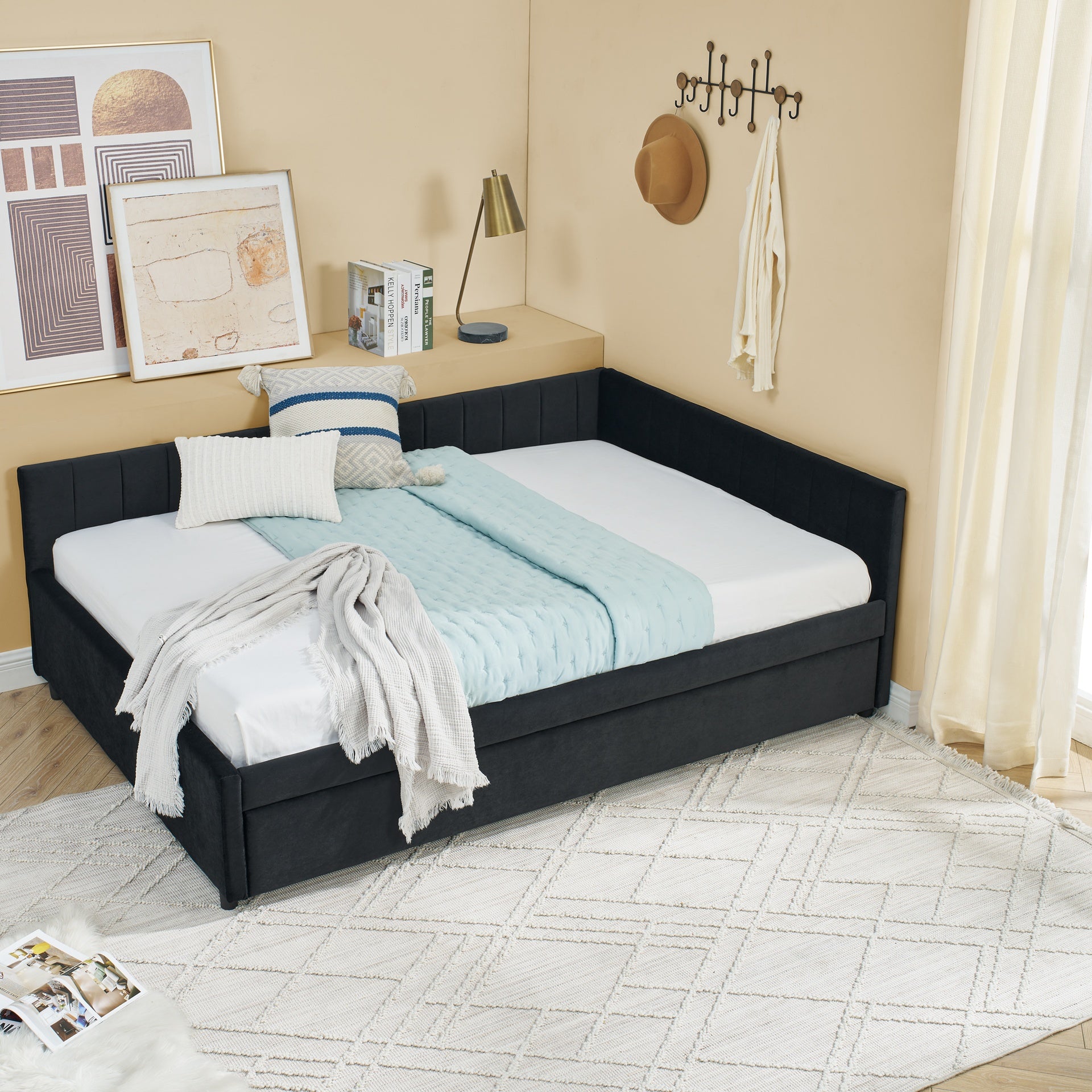 Full Size Daybed with Trundle Upholstered Tufted Sofa Bed, Sofa Bed Frame with Comfortable Backrest and Armrests, Velvet, Black(79.5''x58''x25'')