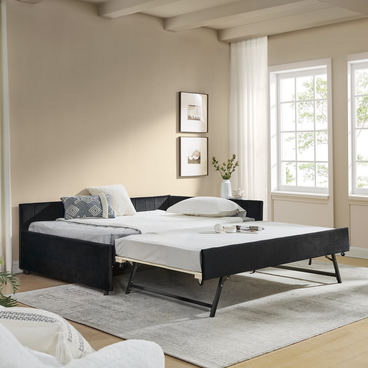Full Size Daybed with Trundle Upholstered Tufted Sofa Bed, Sofa Bed Frame with Comfortable Backrest and Armrests, Velvet, Black(79.5''x58''x25'')