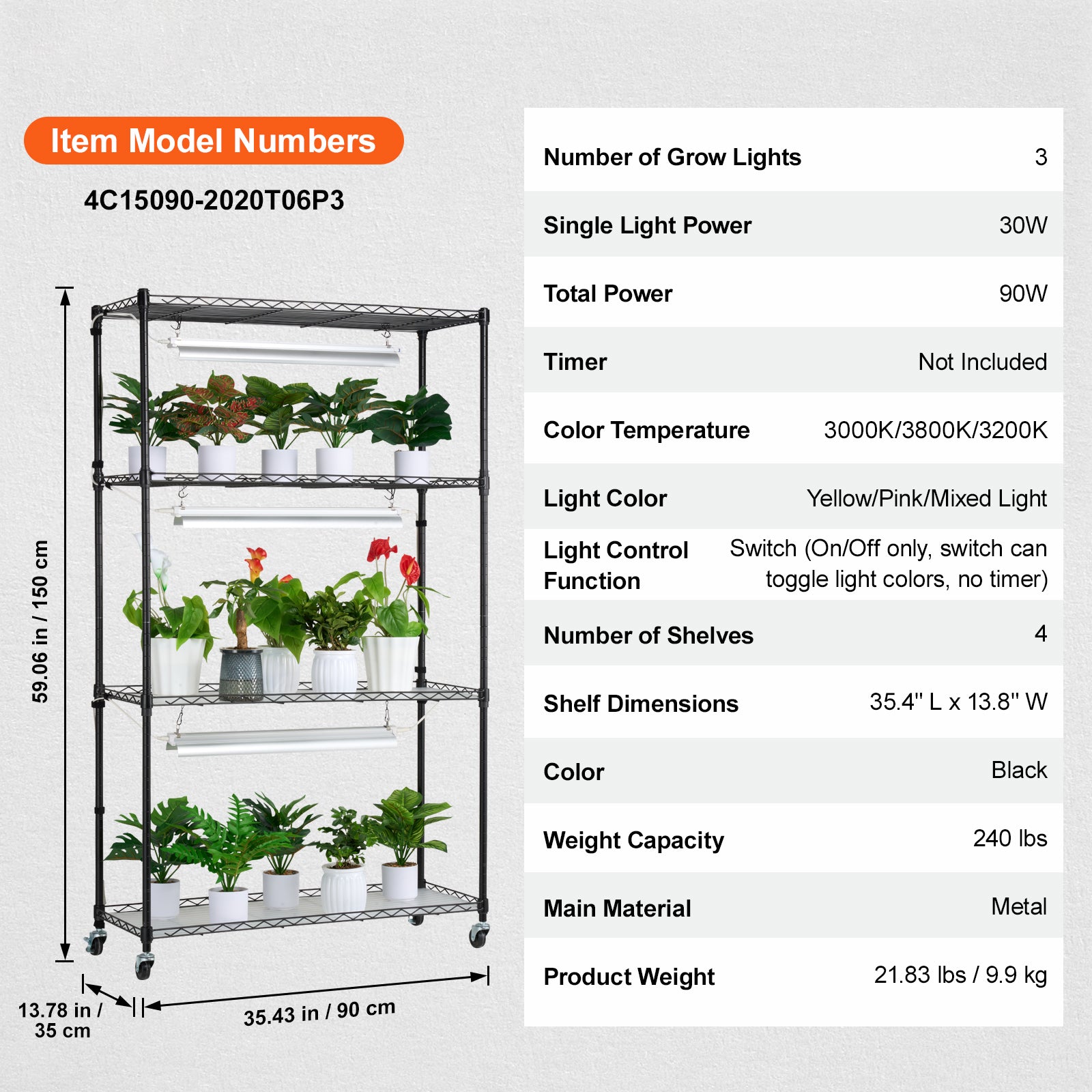 Plant Stand with Grow Light, 4 Tier Plant Shelf with 90W Grow Light for Indoor Plants, 3 Modes Grow Light Shelf Full Spectrum Lights Adjustable Metal Plant Stand for Seed Starting
