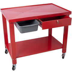 Transmission Teardown Work Station  1/2 Ton Capacity  Sloping Drain Table  Locking Drawer  Removable  Drain Basin Full-Width Lower Shelf  Four 4-Inch Caster Wheels