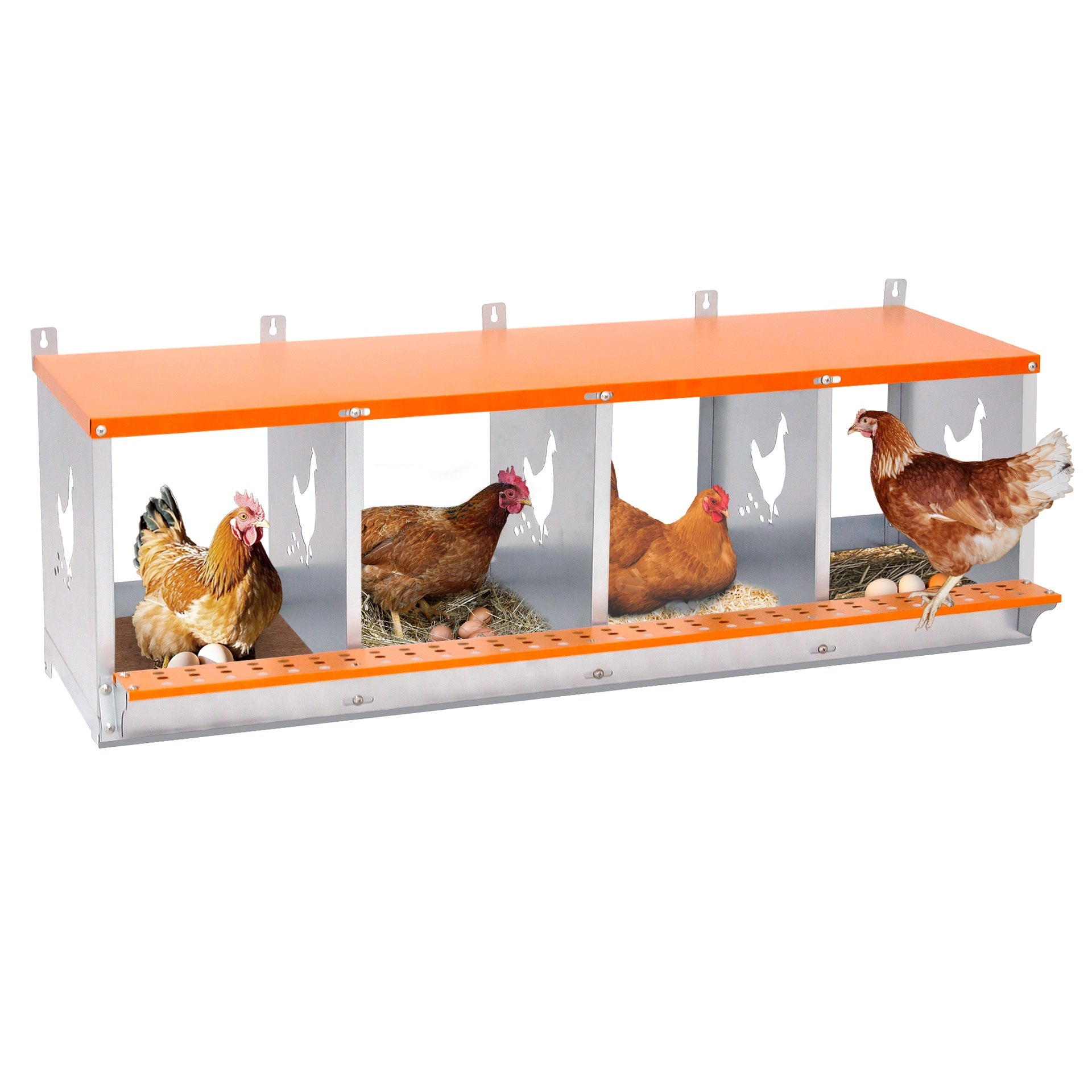 4-Bay Metal Nest Box-Wall Mount for Hens/Ducks, Easy Egg Collection & Assembly, Vented Galvanized Steel Coop Equipment Orange