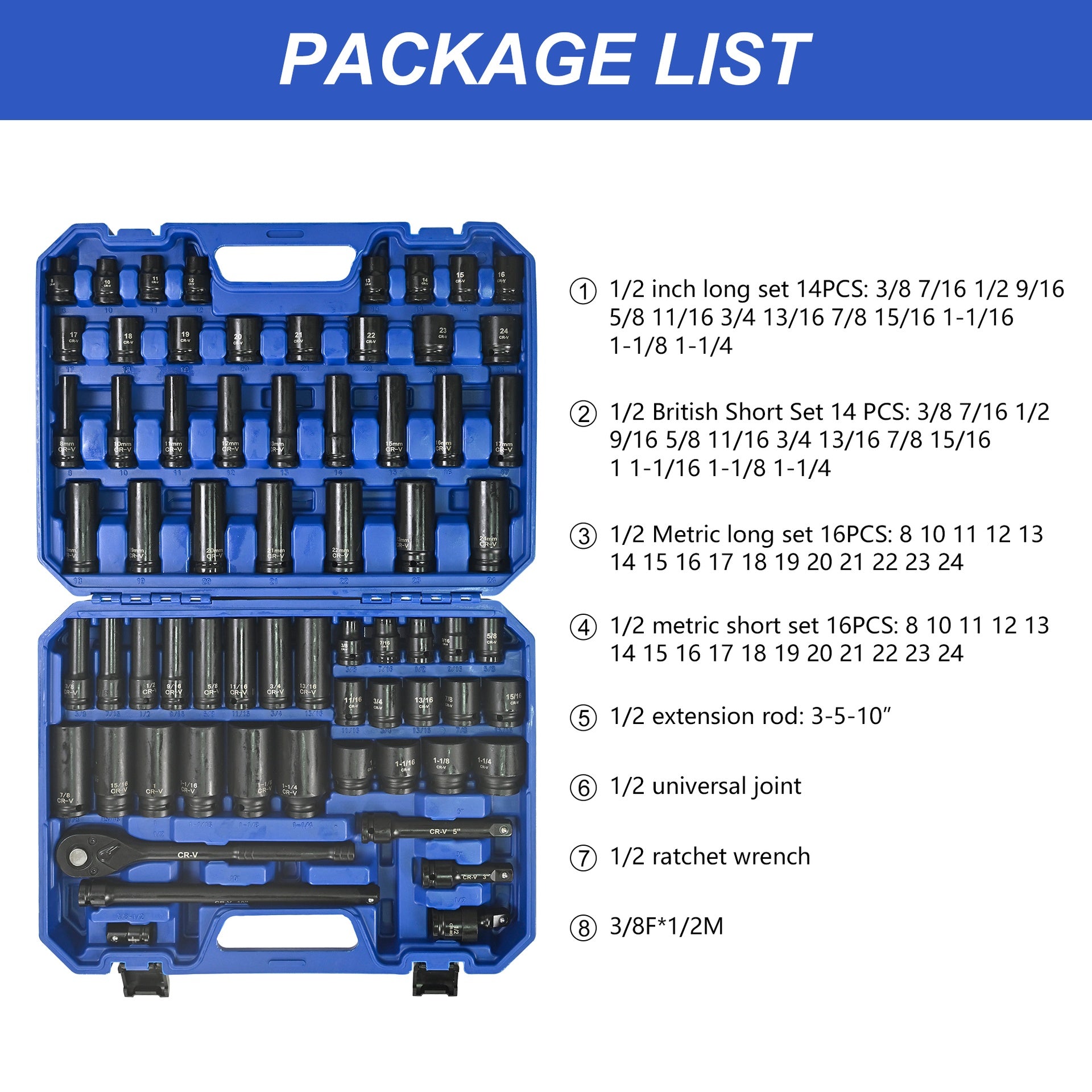 Air Tool and Accessories Kit, 66 Pieces, Long and Short Sets, Universal Short Sets, Extension Rods, Universal Connectors, Ratchet Wrenches, -Black,Blue