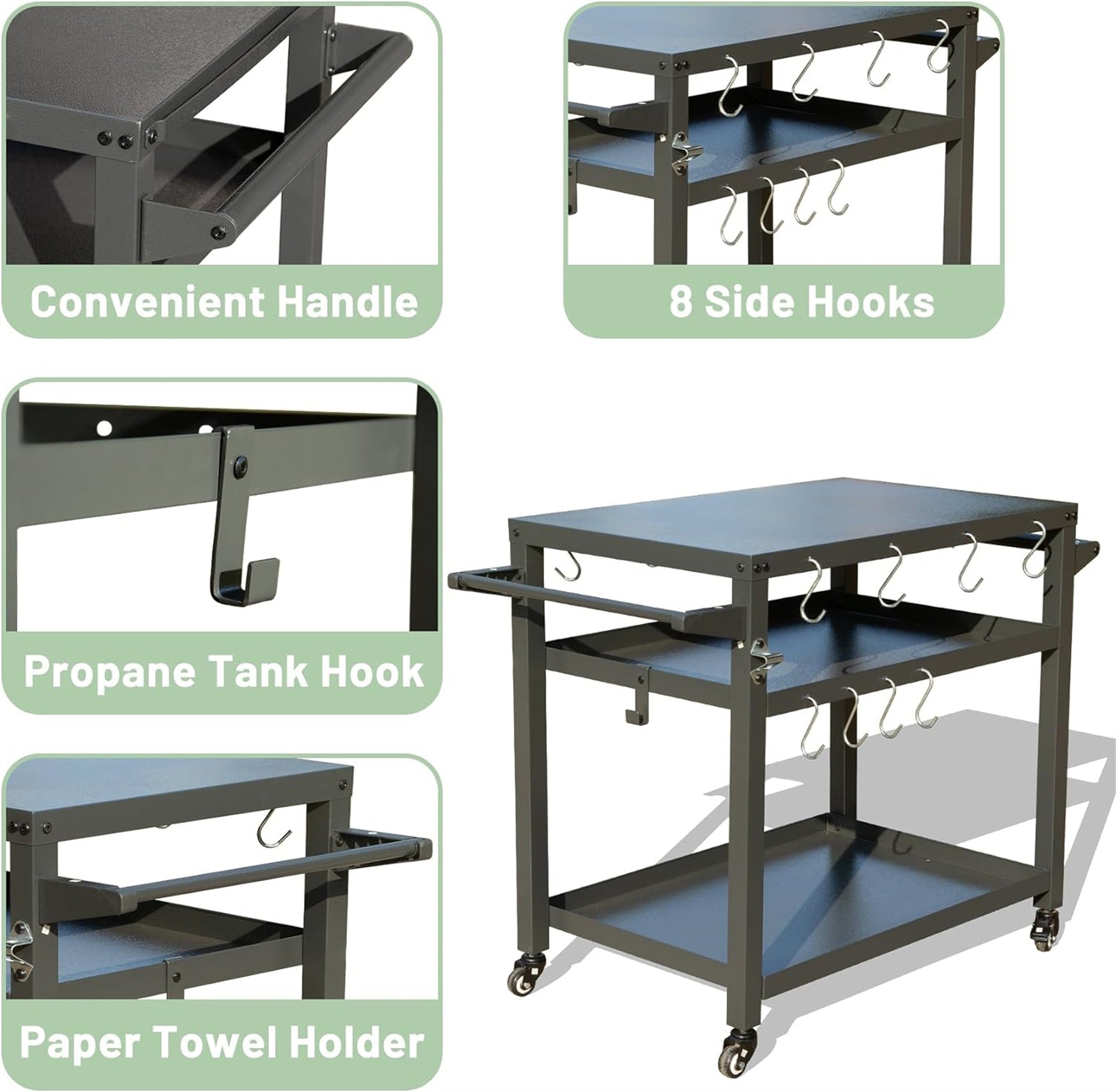 3-Shelf Outdoor Grill Table, Grill Cart with Wheels, Outdoor Pizza Oven Table and Food Prep Table, Blackstone Table with Propane Tank Hook, Grill Stand for Blackstone Griddle for Outside BBQ
