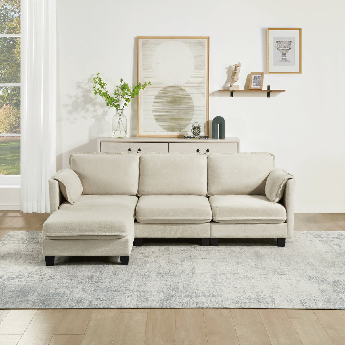 93-inch L-shaped sofa with cotton-linen brushed fabric, detachable storage armrest cushion, 3-seater suitable for living room office and spacious