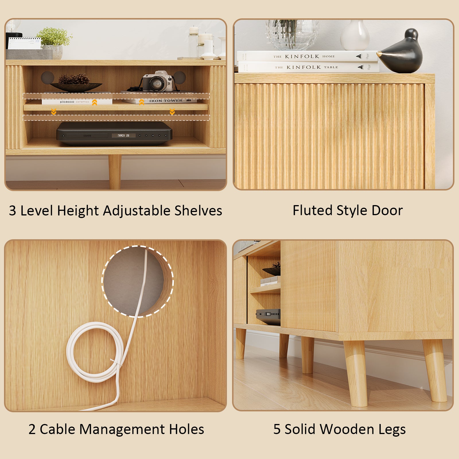 Fluted TV Stand with Storage for Living Room, Oak