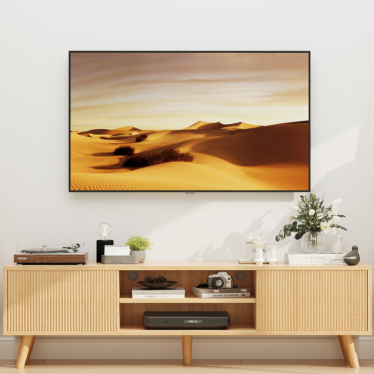 Fluted TV Stand with Storage for Living Room, Oak